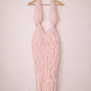 Sexy light Pink Backless Halter Maxi Dress – Ruched Cutout Bodycon (Size M)